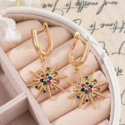 真鍮製マイクロパヴェキュービックジルコニアフープピアス  ラックめっき  長持ちメッキ  鉛フリー＆カドミウムフリー  スター  ゴールドカラー  41.5x21.5mm&nbsp;EJEW-K300-15G