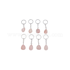 天然ローズクォーツキーホルダー  鉄パーツ  ナゲット  プラチナ  85~100mm  ペンダント：25~40x14~25x11~18mm  リング：27~28x2mm  8個/箱&nbsp;G-DC0001-24