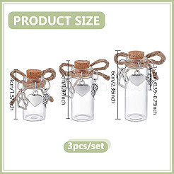 3Pcs 3 Sizes Transparent Glass Empty Bottles with Alloy Paw Print Heart Feather Charms and Cork Stopper&nbsp;AJEW-NB00018