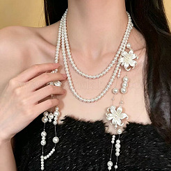 プラスチック製イミテーションパール、丸型ビーズ、フラワータッセル付き、女性用3連ネックレス  ホワイト  16.93インチ（43cm）&nbsp;WGA3D1C-01