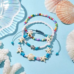 3個 3スタイル ヒトデとカメ 合成ターコイズ編みビーズブレスレットセット  夏のビーチ用アクリルビーズストレッチスタッカブルブレスレット（女性用）  ミックスカラー  内径：2-1/8インチ〜2-1/4インチ（5.5~5.8cm）  1個/スタイル&nbsp;BJEW-JB10348