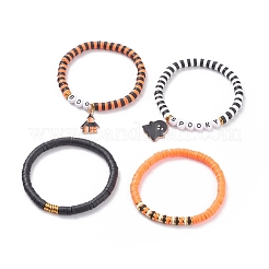 4Pcs 4 Style Polymer Clay Heishi Surfer Stretch Bracelets Set with Word Spooky Boo Acrylic Beads&nbsp;BJEW-TA00127
