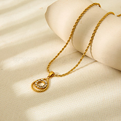 304 Stainless Steel Micro Pave Clear Cubic Zirconia Teardrop with Ring Pendant Necklaces for Women&nbsp;WGE593C-01