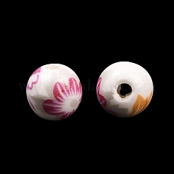 花柄プリントの磁器ビーズ  花柄のセラミックビーズ  ラウンド  赤ミディアム紫  8mm  穴：2mm&nbsp;PORC-Q199-8mm-12