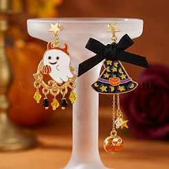 ハロウィン 合金エナメル＆アクリル製スタッドピアス  カボチャと幽霊  ゴールドカラー  45x20mm&nbsp;WGCBD87-01
