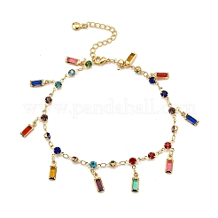 Bohemian Brass & Acrylic Flat Round Link Chain Anklets with Colorful Rectangle Tassel&nbsp;AJEW-Z046-03G
