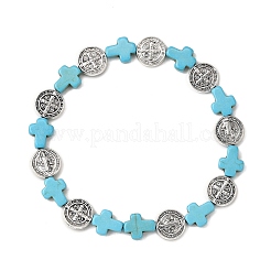 2Pcs 2 Colors Dyed Synthetic Turquoise & Alloy Flat Round Beads Stretch Bracelets for Men Women&nbsp;BJEW-JB12282