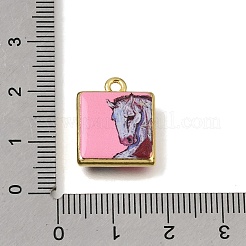 プリントブラスペンダント  馬のチャームが付いた正方形  ピンク  ゴールドカラー  17.5x15x4mm  穴：1.8mm&nbsp;KK-CBAE379-02G-A