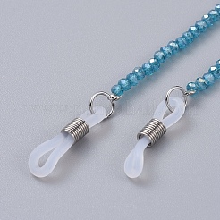 眼鏡チェーン  眼鏡用ネックストラップ  電気メッキガラスビーズ  真鍮製のつぶし玉とゴム製ループの端  ブルー  31.3インチ（79.5cm）&nbsp;AJEW-EH00008-02
