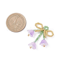 ガラスシードビーズの蝶結びと花のペンダント  スミレ  38x27x12mm  穴：3x2.5mm&nbsp;PALLOY-MZ01129-05