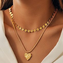 304ステンレススチール製ハートペンダントフラットスパンコールチェーンダブルレイヤーネックレス（女性用）  ゴールドカラー  16.93インチ（43cm）  18.11インチ（46cm）  2個/セット&nbsp;LS-NJEW-F343-03G