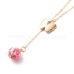 合金エナメル チャーム & レジン ビーズ ラリアット ネックレス  バレンタインテーマ 304 ステンレススチール製女性用ジュエリー  ピンク  15.98~16.02インチ（40.6~40.7cm）&nbsp;NJEW-JN03962