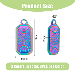 18個3色304ステンレスペンダント  月と目の長方形  ミックスカラー  23x11x2mm  穴：2mm  6個/カラー&nbsp;STAS-DC0014-27