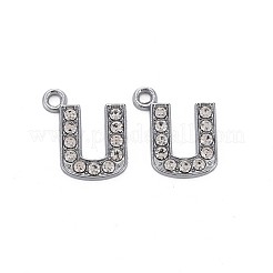 合金ペンダント  クリスタルラインストーン付き  プラチナ  カドミウムフリー＆鉛フリー  アルファベット  文字.u  17x15x2mm  穴：1.8mm&nbsp;ALRI-N039-001U-RS