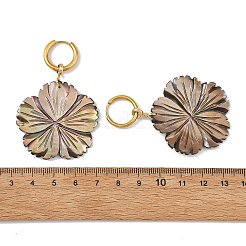 天然貝殻を使用した202ステンレススチール製ダングルハギーフープピアス（女性用）  花  ゴールドカラー  61x39mm&nbsp;EJEW-JE07439-01