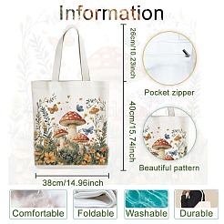 キャンバスレディーストートバッグ  ハンドル付き  ショッピング用ショルダーバッグ  長方形  キノコ  38x40cm&nbsp;ABAG-WH0056-003