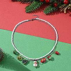 Glass Seed Beaded & 304 Stainless Steel Cable Chain Double Layer Necklace&nbsp;NJEW-TA00074