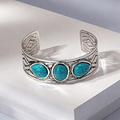 女性用合金カフバングル  合成ターコイズ付き  ダークターコイズ  内径：2-3/8インチ（6cm）&nbsp;FS-WG9514E-01