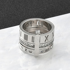 304ステンレススチール製キュービックジルコニア指輪（女性・男性用）  ローマ数字  ステンレス鋼色  12.5~16.5mm  内径：18mm&nbsp;RJEW-F189-06P