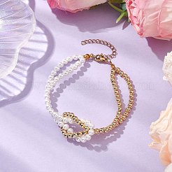4mm Round Pearl Shell & Brass 2-Strand Beaded Bracelets for Women&nbsp;BJEW-JB10554