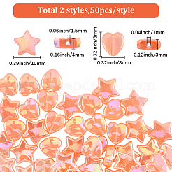 100個2スタイルの透明アクリルビーズ  スター＆ハート  レッドオレンジ  8~10x8x10x3~4mm  穴：1~1.5mm  50個/スタイル&nbsp;OACR-SC0002-41A