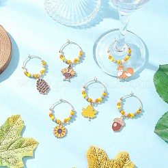 感謝祭の合金エネメルワイングラスチャーム  ガラスビーズと真鍮のワイングラスチャームリング付き  ゴールドカラー  49~54mm  6個/セット&nbsp;AJEW-JO00262