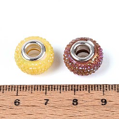 大きな穴の樹脂ラインストーンヨーロピアンビーズ  プラチナ真鍮二重コアを持つ  ロンデル  ミックスカラー  14x9mm  穴：5mm&nbsp;OPDL-T003-01B