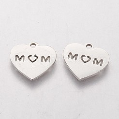 汚れない母の日のテーマ  304ステンレススチールチャーム  ワード「mom」を刻まれるハート  ステンレス鋼色  13x14x1mm  穴：1.5mm&nbsp;LS-STAS-Q201-T424