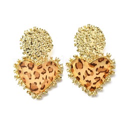 合金アクリルダングルスタッドピアス  ヒョウ柄のハート  ゴールドカラー  キャメル  55x37mm&nbsp;LS-EJEW-V009-01G-01