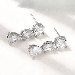 Brass Micro Pave Clear Cubic Zirconia Teardrop Dangle Stud Earrings&nbsp;EJEW-P322-09P