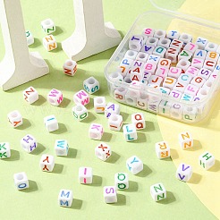 100PCSアクリルビーズ  水平穴  混合色の文字と立方体  ホワイト  6x6x6mm  穴：3mm  約2600個/500g&nbsp;MACR-YW0002-30