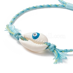 Natural Cowrie Shell with Evil Eye Braided Bead Bracelet with Nylon & Cotton Cord for Women&nbsp;BJEW-JB09140