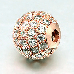 ラウンド真鍮製マイクロパヴェキュービックジルコニアビーズ  透明  ローズゴールド  10mm  穴：2mm&nbsp;LS-ZIRC-N016-01RG-10mm