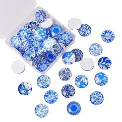 青と白のプリントガラスカボション50個  半円/ドーム  スチールブルー  25x7mm&nbsp;GGLA-SZ0001-23
