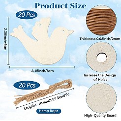 未完成の木製ペンダント装飾20個  ロープ付き  鳥類  湯通しアーモンド  6x8cm&nbsp;BIRD-CP0001-02