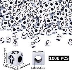 1000個クラフトスタイルアクリルビーズ  十字架付きキューブ  ホワイト  6x6x6mm  穴：3mm&nbsp;MACR-PA0001-77