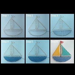 帆船模様DIYストリングアートキットセット  ハンマー入り  木の板  プラスチックホルダーアクセサリー  合金の釘とネジ  はさみ  ポリエステル糸  15x15x0.85cm&nbsp;DIY-F070-07