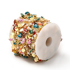 ナザールボンジュウと真鍮のハートチャームチェーンが付いたカラフルなエナメルムーン  ABSプラスチック模造パールビーズチェーン付き  ハンダ付け  スプールで  18KGP本金メッキ  12x4mm&nbsp;CHC-A006-03G