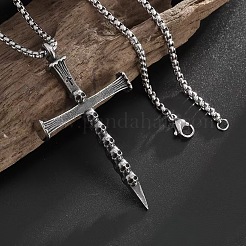 ハロウィン用合金製スカルクロスペンダントネックレス（男性用）  アンティークシルバー  23.62インチ（60cm）&nbsp;WG7ADC0-01