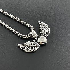 男性用のファッショナブルなステンレススチール製ハートと天使の羽のペンダントネックレス  ステンレス鋼色  23.62インチ（60cm）&nbsp;HL3992