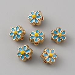 ライトゴールドトーンの合金エナメルビーズ  花  ディープスカイブルー  7x6.5x5mm  穴：1mm&nbsp;ENAM-WH0057-43F