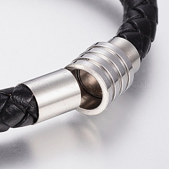編み込みレザーコードブレスレット  304ステンレススチールの留め具とマグネット留め具付き  ブラック  8-5/8インチ（220mm）  20x11.5mm&nbsp;X-BJEW-H560-23
