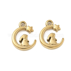 304 Stainless Steel Charms, High Polished Moon with Rabbit Charms, Real 14K Gold Plated, 12x10x2mm, Hole: 1.4mm
