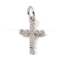 Brass Micro Pave Cubic Zirconia Charms, Cadmium Free & Lead Free, with Jump Rings, Religion Cross Charms, Platinum, 14x9x1.5mm, Hole: 3.4mm