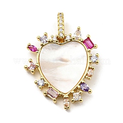 Rack Plating Brass Micro Pave Cubic Zirconia Pendants, with Shell, Long-Lasting Plated, Lead Free & Cadmium Free, Heart Charm, Real 18K Gold Plated, 22x20x2.5mm, Hole: 5x3mm