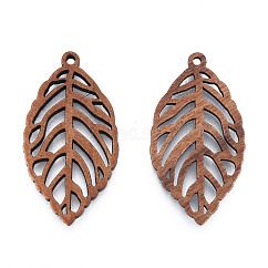 Natural Walnut Wood Pendants, Undyed, Hollow Leaf Charm, Camel, 36x19.5x2.5mm, Hole: 1.6mm