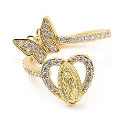 Clear Cubic Zirconia Heart Virgin Mary with Butterfly Open Cuff Ring&nbsp;RJEW-E064-05G