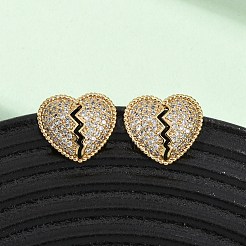 ブロークンハートの真鍮マイクロパヴェキュービックジルコニアスタッドピアス  16KGP本金メッキ  透明  14x15.5mm&nbsp;EJEW-B153-19G-03