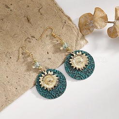 Flat Round with Sunflower Alloy Glass Dangle Earrings&nbsp;FS-WG8AC10-01