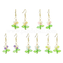 ガラスパール＆アクリルダングルイヤリング  304ステンレススチールピアスフック付き  花  ゴールドカラー  ミックスカラー  43x17.5mm&nbsp;EJEW-JE06325-02